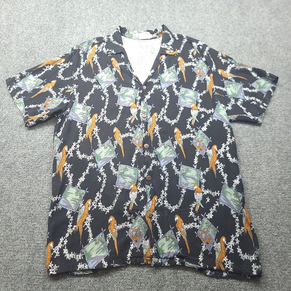 Koko Knot Mens XL Hawaiian Shirt Black Parrot Tropical Rayon Camp Aloha Shirt